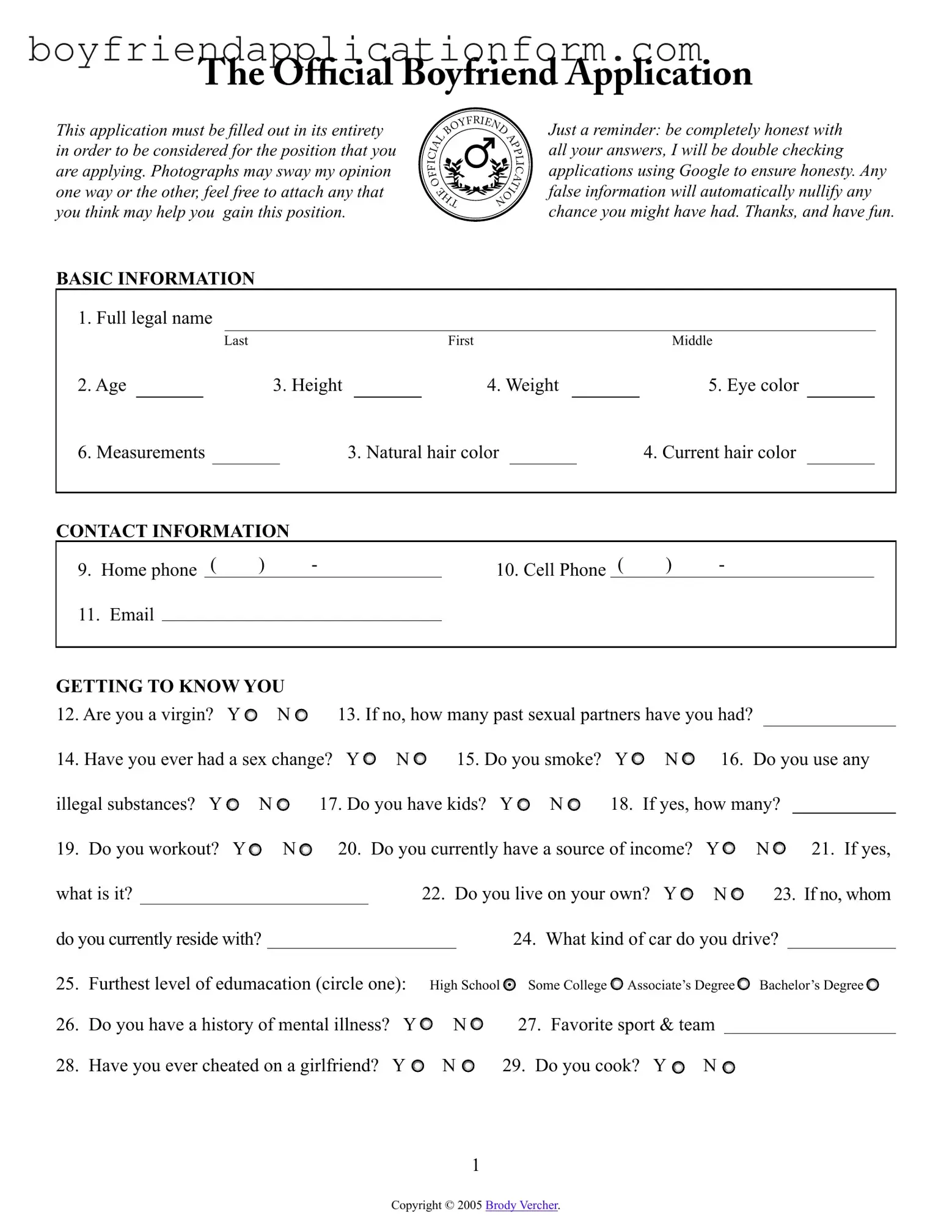 Fill Out Your Boyfriend application form Form